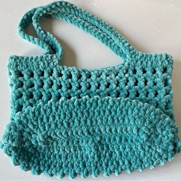 Turquoise Handmade Crochet Plush Large Tote Bag - Picture 5 of 6